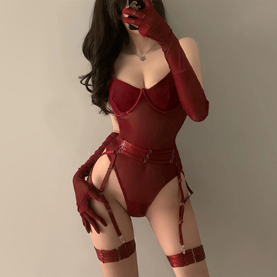 Red Mesh Corset Suspender Bodysuit (Include Gloves & Stockings)