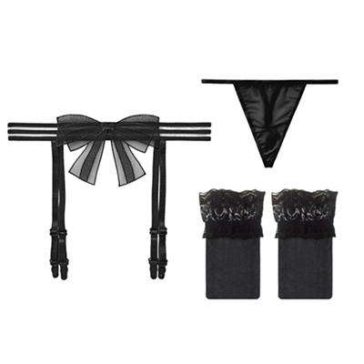 Bowknot T-Back With Lace Suspender Long Stockings (Include Stockings)